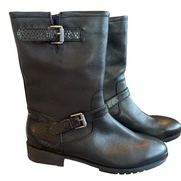 Naturalizer Genna NEW Moto Black Leather Snake Trim Buckle Mid Calf Boots 11M - Picture 1 of 7